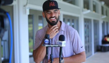 Washington Commanders quarterback Marcus Mariota spoke at the Pearl at Kalauao clubhouse before his annual fundraiser golf tournament on June 23.