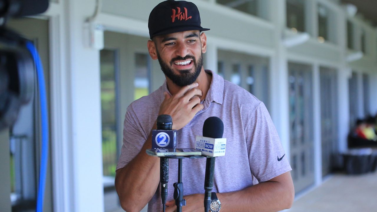 Washington Commanders quarterback Marcus Mariota spoke at the Pearl at Kalauao clubhouse before his annual fundraiser golf tournament on June 23.