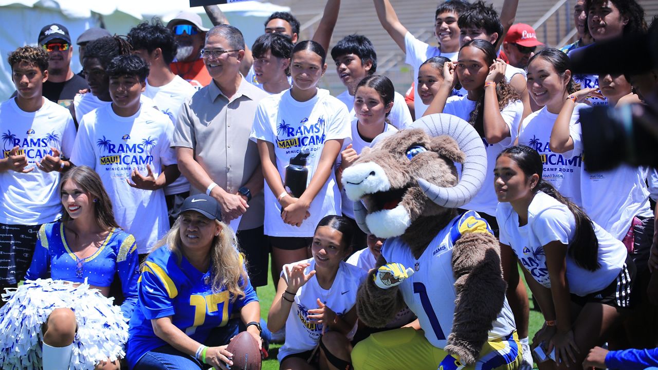 The Los Angeles Rams held a clinic for about 400 Maui keiki after a team walkthrough at War Memorial Stadium in Wailuku, Maui, on June 17 as part of the team's MauiCamp.
