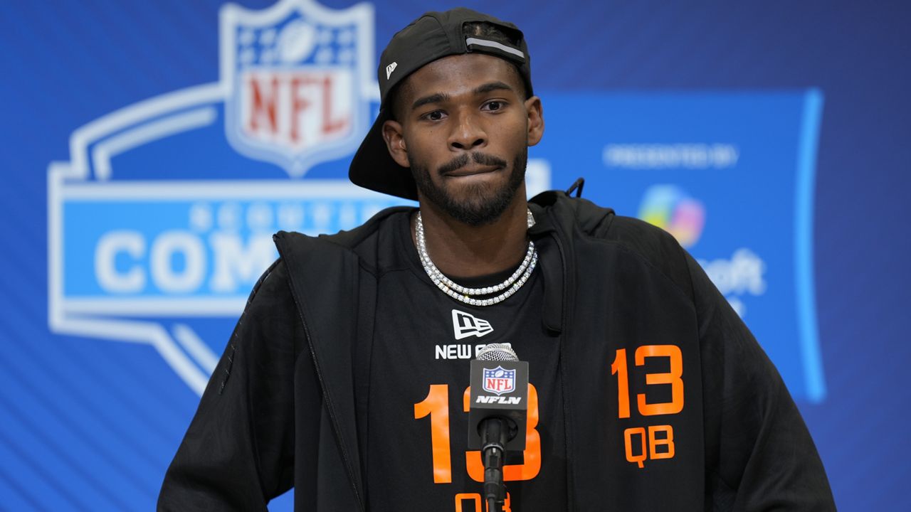 Colorado quarterback Shedeur Sanders spoke during a press conference at the NFL Combine on Feb. 28 in Indianapolis.