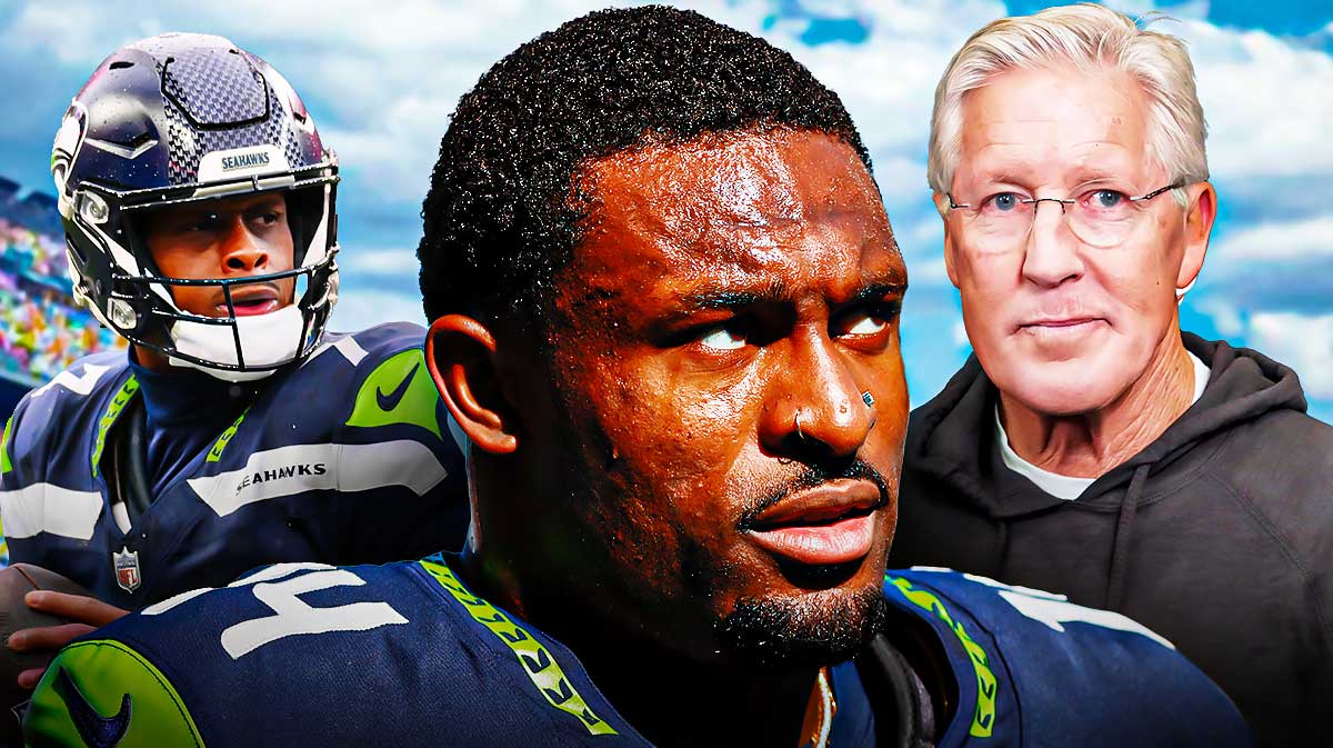DK Metcalf next to Geno Smith and Pete Carroll.
