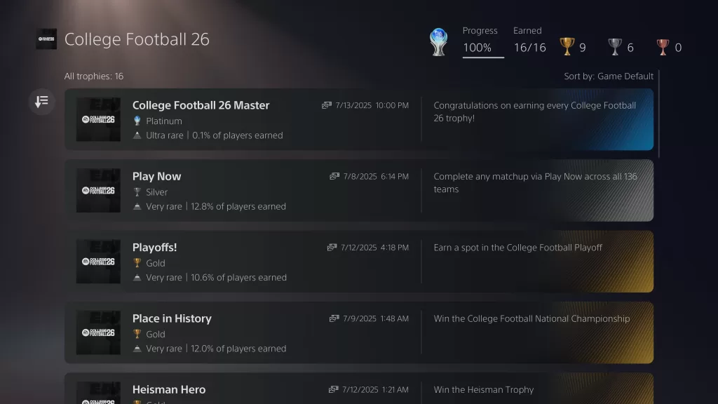 A screenshot of College Football 26's PlayStation Trophy list.