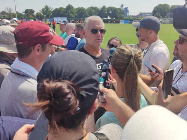 Eagles offensive line coach Jeff Stoutland meets with reporters after practice at NovaCare Complex on Tuesday, July 29, 2025. (MediaNews Group)