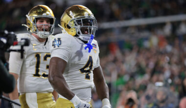 Notre Dame head coach Marcus Freeman during the Notre Dame Blue-Gold spring football game at Notre Dame Stadium on Saturday, April 12, 2025, in South Bend.