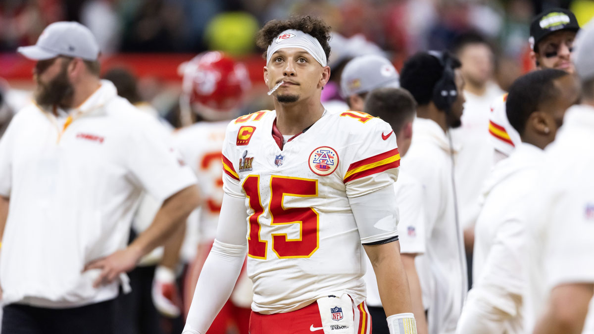 Kansas City Chiefs quarterback Patrick Mahomes (15) reacts against the Philadelphia Eagles in Super Bowl LIX at Ceasars Superdome. Mandatory Credit: Mark J. Rebilas-Imagn Images