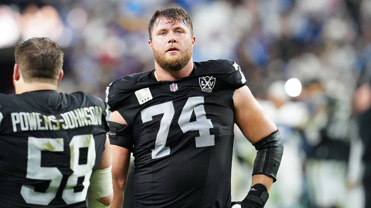 Las Vegas Raiders offensive tackle Kolton Miller (74) reacts after the Raiders were defeated by the Los Angeles Chargers 34-20 at Allegiant Stadium.