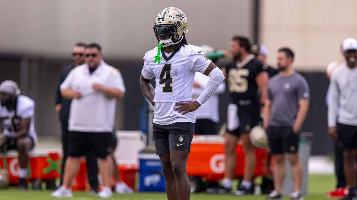 New Orleans Saints cornerback Kool-Aid McKinstry (4) looks on during minicamp at Ochsner Sports Performance Center.