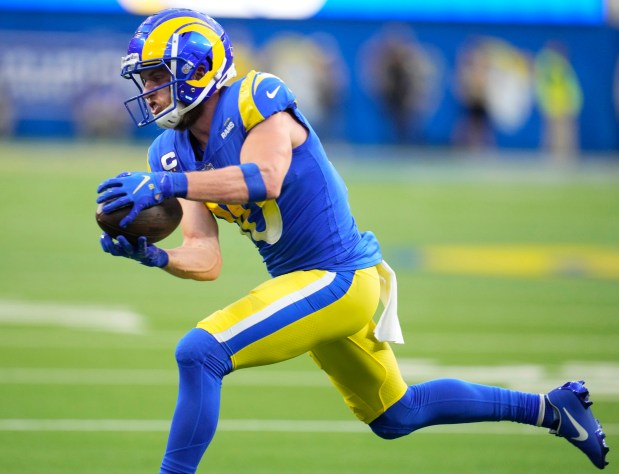 Wide receiver Cooper Kupp of the Los Angeles Rams catches a pass in the first half of a NFC championship game against the San Francisco 49ers at SoFi Stadium in Inglewood on Sunday, Jan. 30, 2022. (Photo by Keith Birmingham, Pasadena Star-News/SCNG)