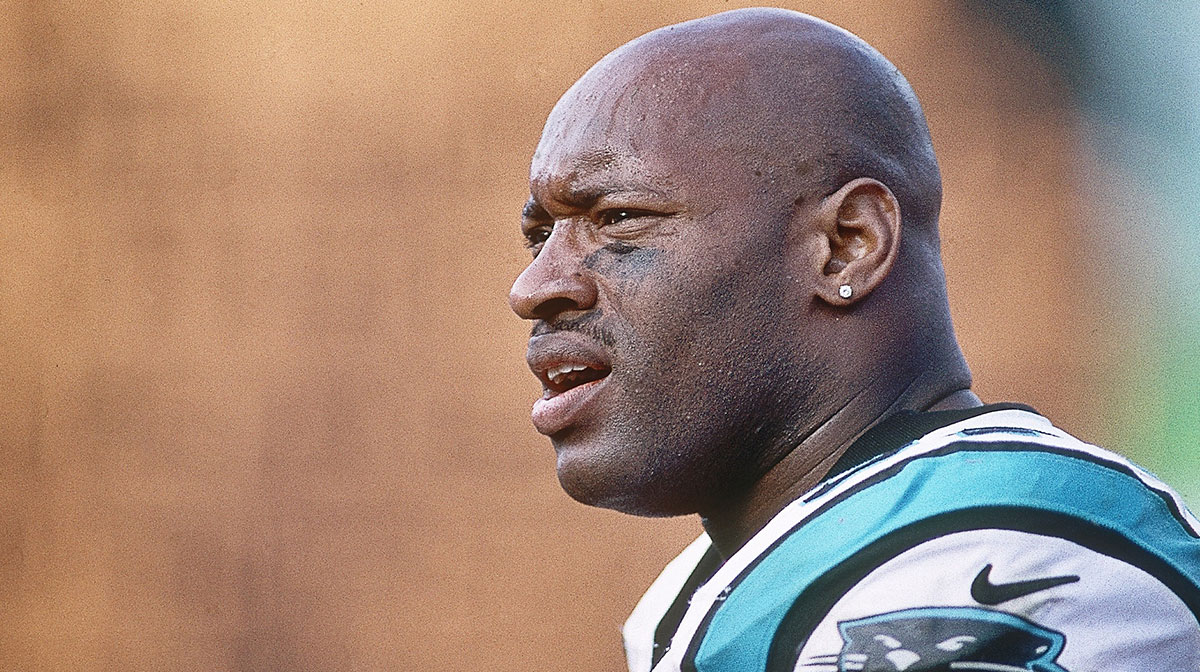 Carolina Panthers linebacker Lamar Lathon (57) reacts on the sideline against the San Francisco 49ers at 3Com Park.