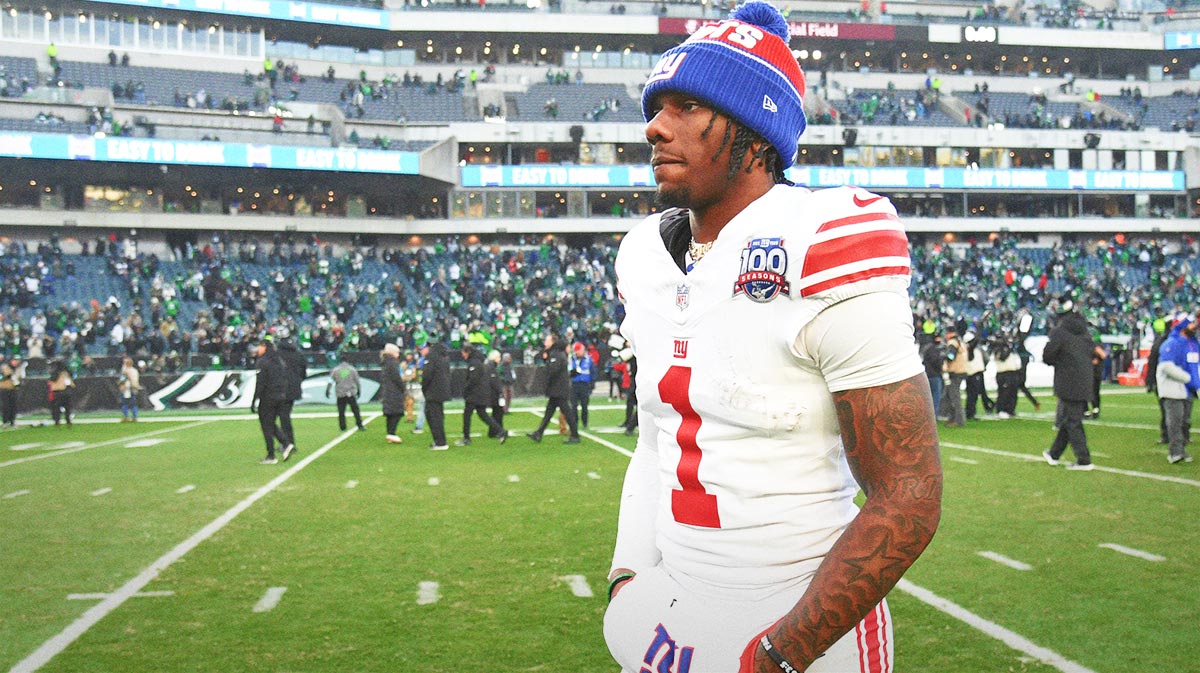 New York Giants wide receiver Malik Nabers (1) walks off the field after loss to Philadelphia Eagles at Lincoln Financial Field.
