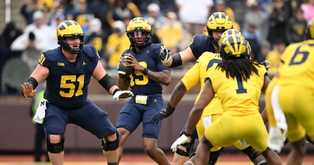 Michigan Wolverines football quarterback Bryce Underwood and center Greg Crippen during the 2025 spring game. (Photo by Lon Horwedel / TheWolverine.com)