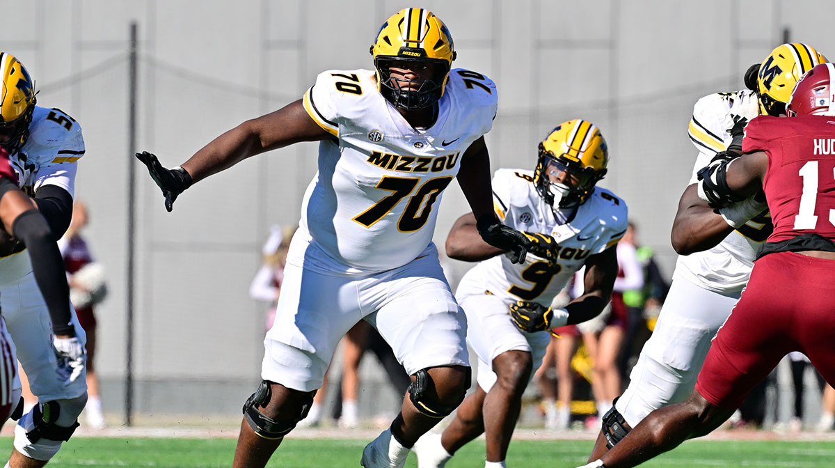 Missouri Tigers offensive lineman Cayden Green (70) in action during the second half against the Massachusetts Minutemen at Warren McGuirk Alumni Stadium.