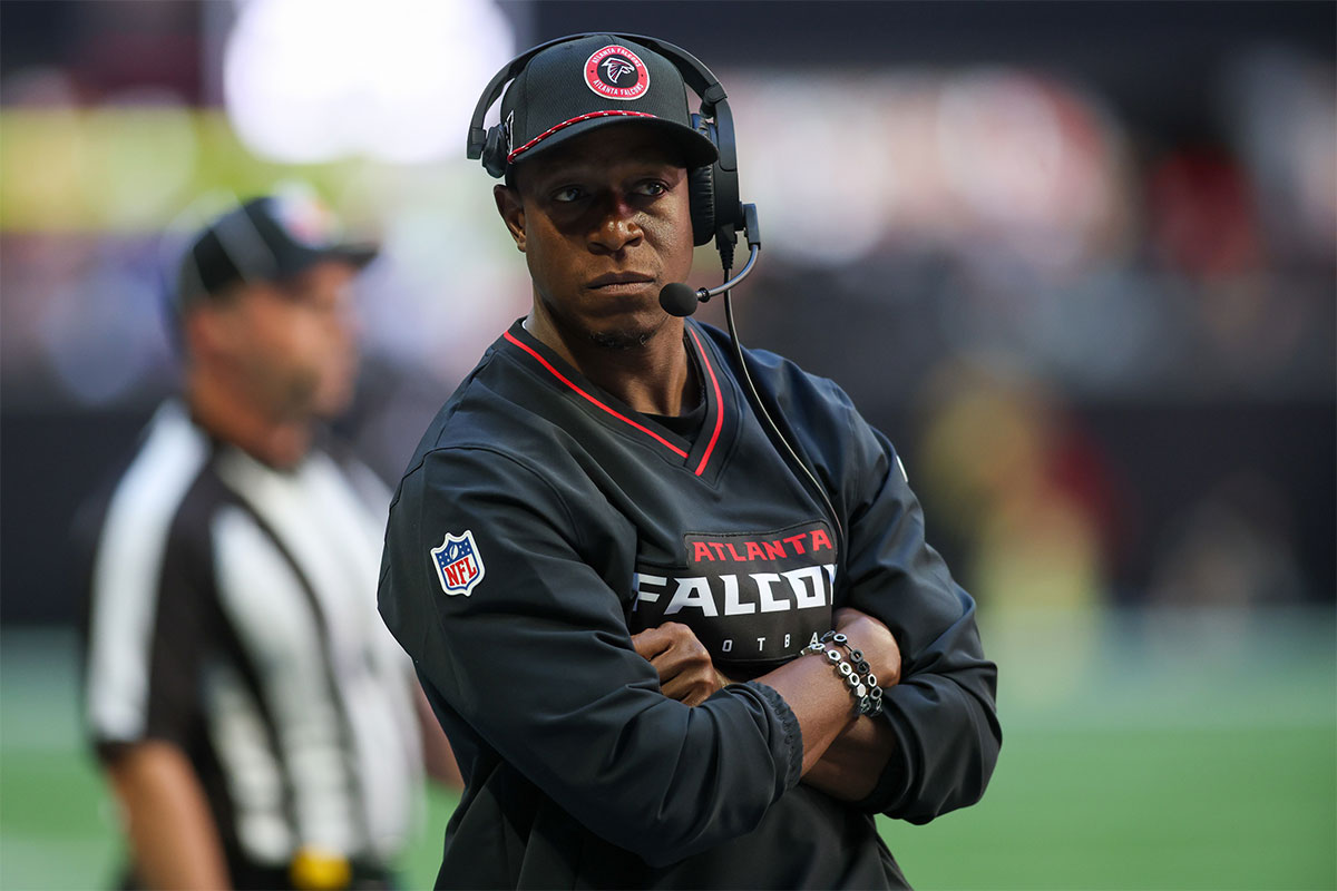 Atlanta Falcons head coach Raheem Morris on the sideline against the Seattle Seahawks in the second quarter at Mercedes-Benz Stadium.