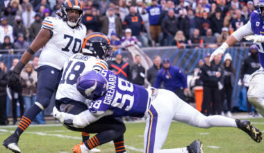 CHICAGO, IL - NOVEMBER 24: Chicago Bears quarterback Caleb Williams (18) gets sacked by Minnesota Vikings linebacker Jonathan Greenard (58) during a regular season game between the Minnesota Vikings and the Chicago Bears on November 24, 2024, at Soldier Field in Chicago, Illinois. (Photo by Joseph Weiser/Icon Sportswire via Getty Images)