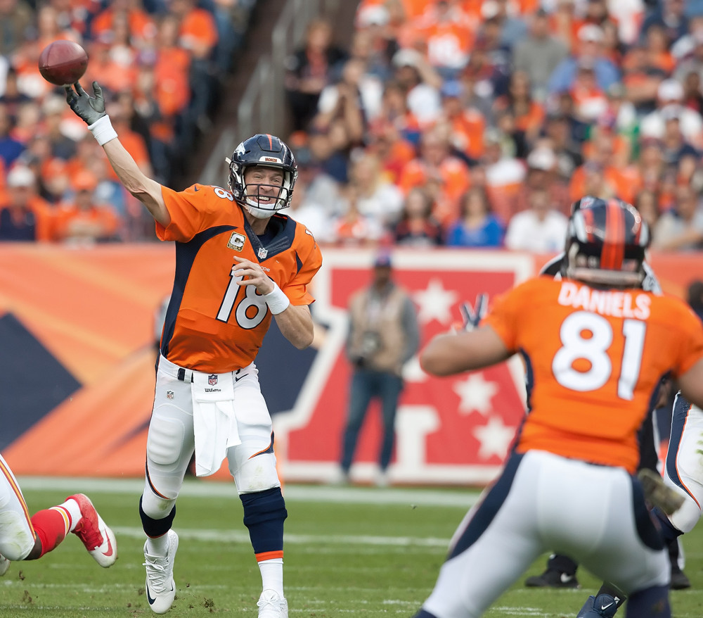 Nov. 15, 2015 - Denver, Colorado, U.S - Broncos QB PEYTON MANNING, left, readies to throw a pass to TE OWEN DANIELS, right, during the 1st. Half at Sports Authority Field at Mile High Sunday afternoon. Chiefs beat the Broncos 29-13 (Photo by Hector Acevedo/Zuma Press/Icon Sportswire)
