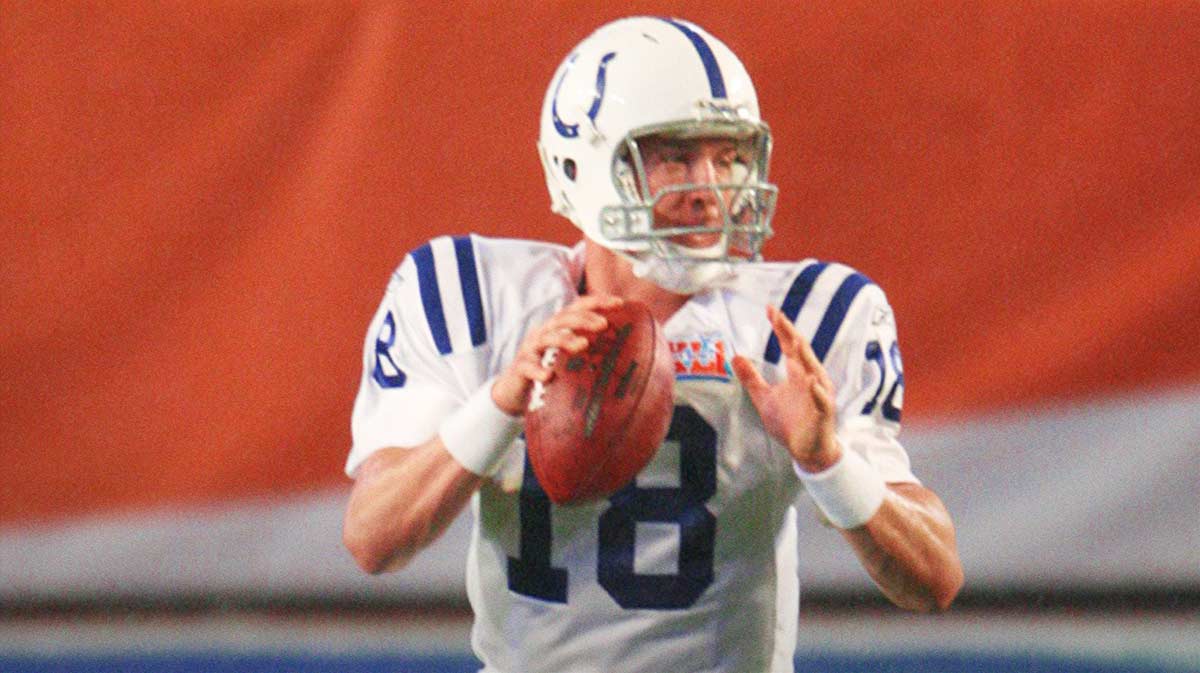 Indianapolis Colts quarterback Peyton Manning (18) in the pocket against the Chicago Bears in the first quarter of Super Bowl XLI at Dolphins Stadium. The Colts beat the Bears 29-17. 