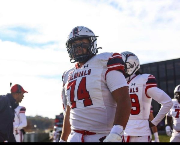 Former Blue Mountain offensive lineman Ross Bobbin (74) takes the field for Robert Morris. (CONTRIBUTED PHOTO)