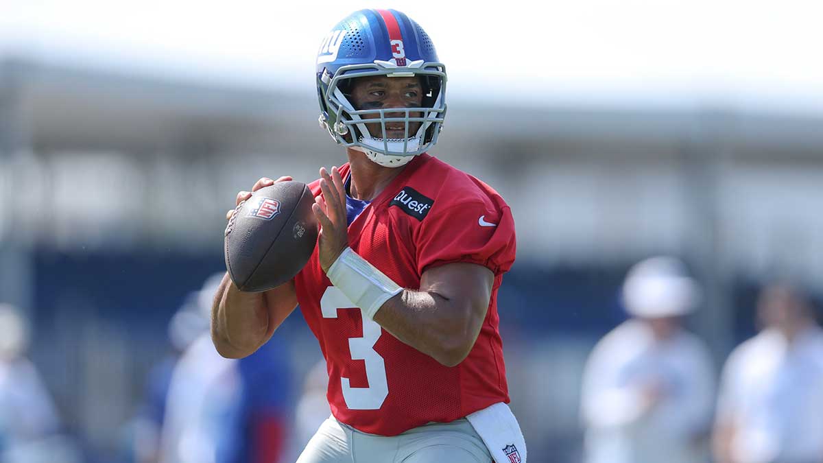 New York Giants quarterback Russell Wilson (3) looks to pass during training camp at Quest Diagnostics Training Center.