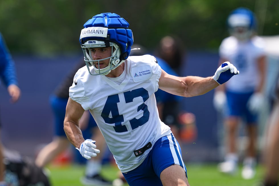 Indianapolis Colts wide receiver Tyler Kahmann (43) runs a route during practice at NFL...