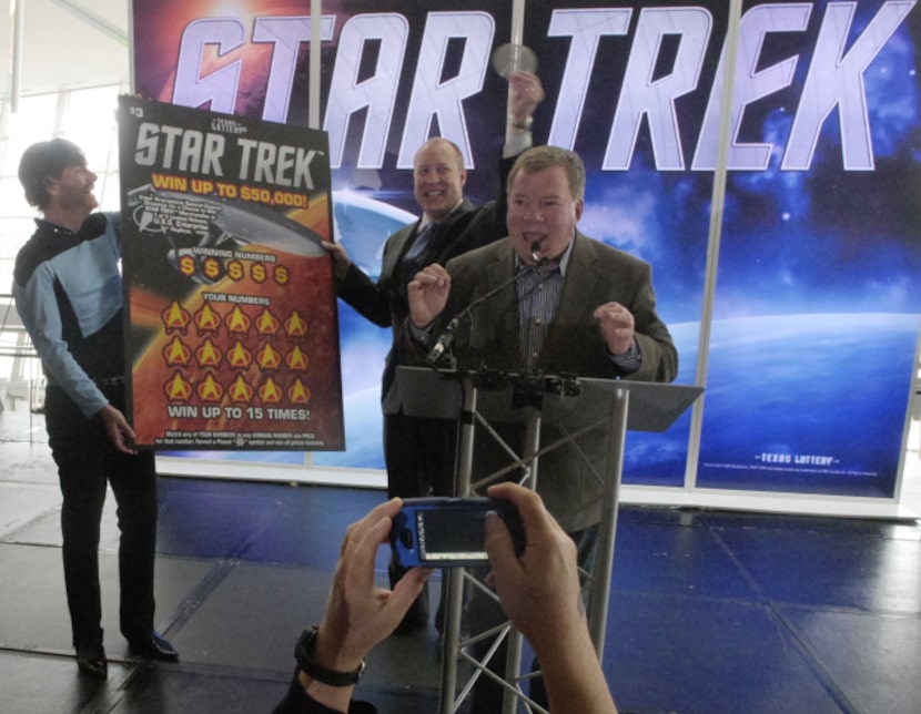 William Shatner (center) helps announce the release of a Texas Lottery "Star Trek"...