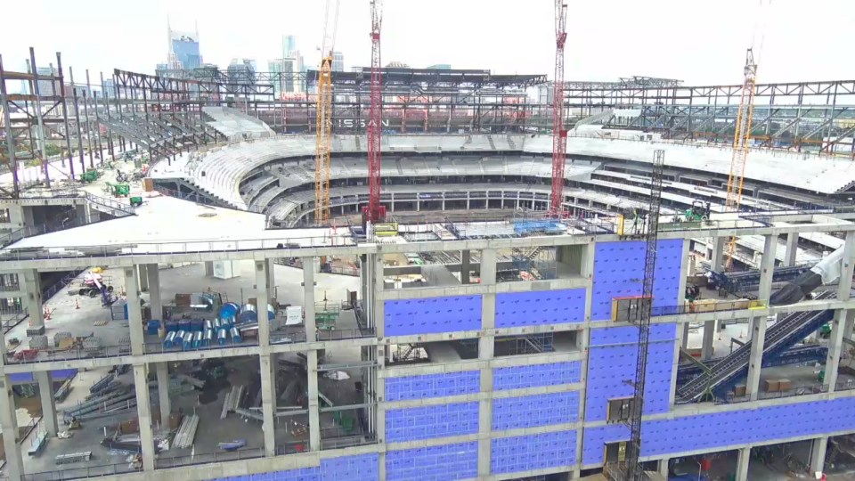 Aerial view of Nissan Stadium under construction.