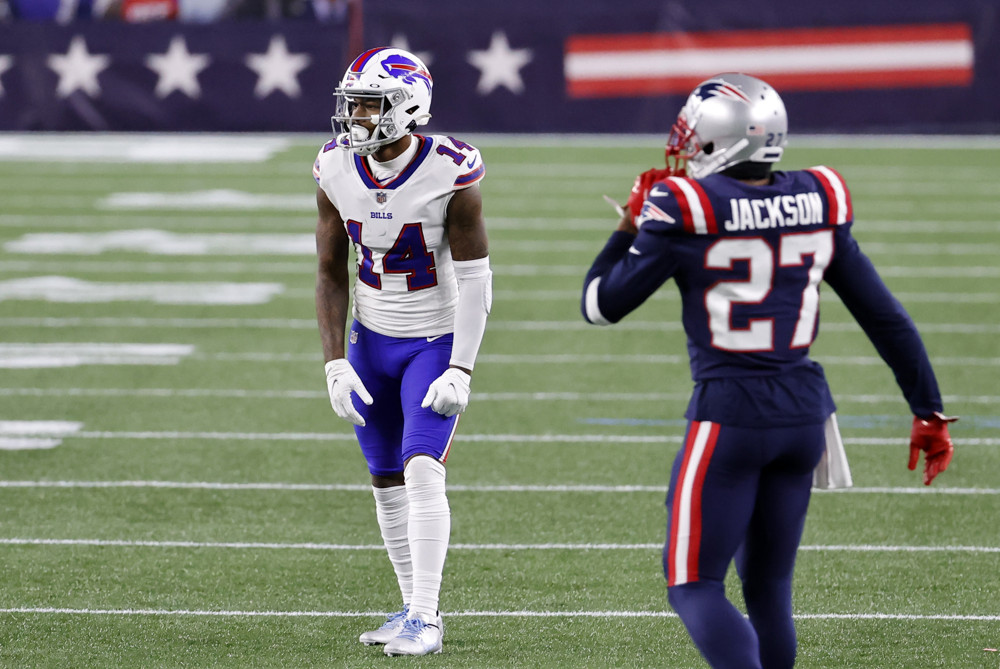 FOXBOROUGH, MA - DECEMBER 28: Buffalo Bills wide receiver Stefon Diggs (14) gets set for a snap with New England Patriots defensive back J.C. Jackson (27) during a game between the New England Patriots and the Buffalo Bills on December 28, 2020, at Gillette Stadium in Foxborough, Massachusetts. (Photo by Fred Kfoury III/Icon Sportswire)
