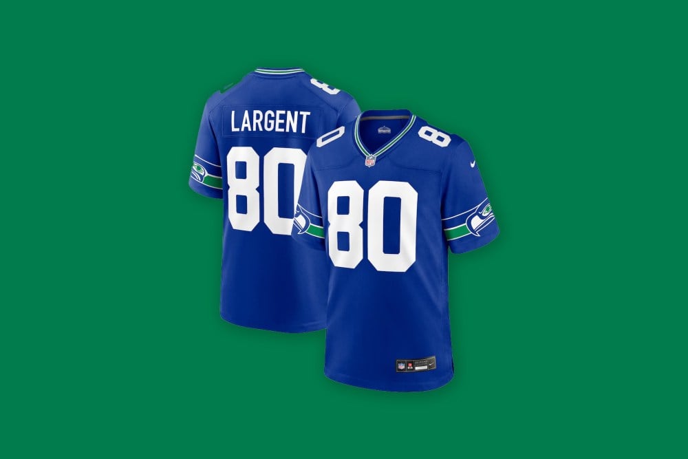 Front and back views of the Steve Largent Seattle Seahawks Nike Throwback Game Jersey in blue against a green background.