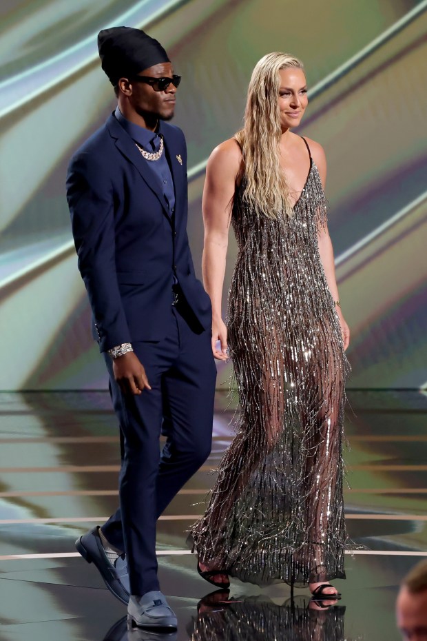 (L-R) Lamar Jackson and Lindsey Vonn speak onstage during the 2025 ESPY Awards at Dolby Theatre on July 16, 2025 in Hollywood, California. (Photo by Kevin Winter/Getty Images)