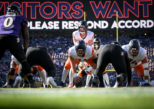 Bo Nix (10) of the Denver Broncos takes a snap inside the Baltimore Ravens' five yard line during the second quarter at M&T Bank Stadium in Baltimore, Maryland on Sunday, Nov. 3, 2024. (Photo by AAron Ontiveroz/The Denver Post)