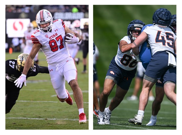 LEFT Utah Utes' Thomas Yassmin runs in for a touchdown during a Pac-12 football game against the University of Colorado on Nov. 26, 2022, in Boulder, Colorado. (Cliff Grassmick/Staff Photographer) RIGHT Thomas Yassmin (86) and Nate Adkins (45) of the Denver Broncos during training camp drills at Broncos Park in Englewood, Colorado, on July 25, 2024. (Photo by AAron Ontiveroz/The Denver Post)