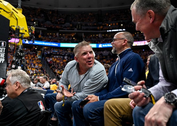 Denver Broncos head coach Sean Payton works the court side social scene during the first quarter of the NBA Finals game 1 between the Denver Nuggets and the Miami Heat at Ball Arena in Denver on Thursday, June 1, 2023. (Photo by AAron Ontiveroz/The Denver Post)