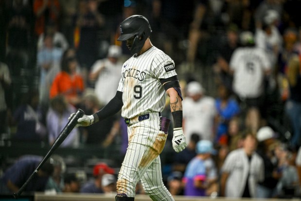 Brenton Doyle (9) of the Colorado Rockies reacts to being struck out by Josh Hader (71) of the Houston Astros to end the game during the ninth inning of Houston's 6-5 win at Coors Field in Denver on Tuesday, July 1, 2025. (Photo by AAron Ontiveroz/The Denver Post)