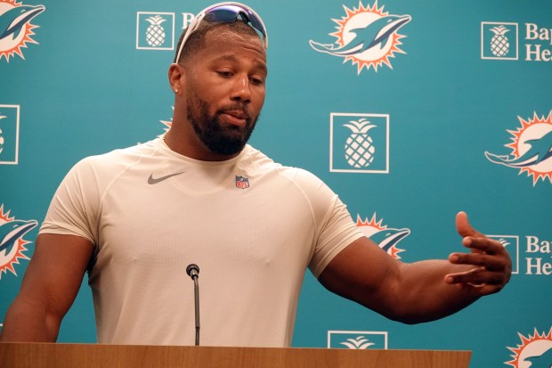 Miami Dolphins linebacker Bradley Chubb speaks during a news conference...