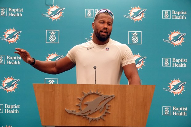 Miami Dolphins linebacker Bradley Chubb speaks during a news conference...