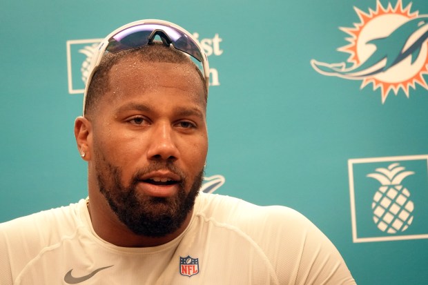 Miami Dolphins linebacker Bradley Chubb speaks during a news conference...