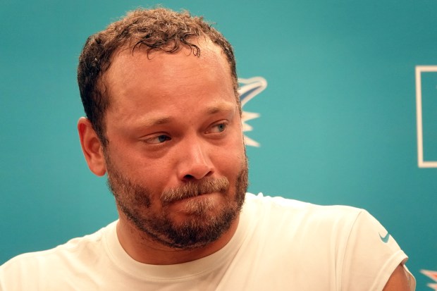 Miami Dolphins fullback Alec Ingold speaks during a news conference...