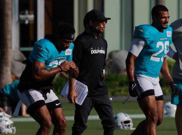Miami Dolphins head coach Mike McDaniel walks with safety Elijah...