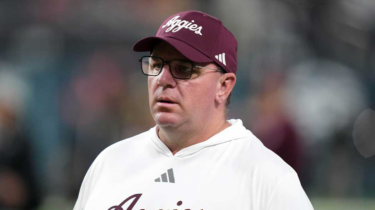 Texas A&M Aggies head coach Mike Elko reacts against the Southern California Trojans in the first half at Allegiant Stadium. Mandatory Credit: Kirby Lee-Imagn Images