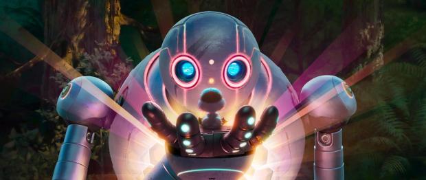 Roz, voiced by Lupita N'yongo, background, and Brightbill, voiced by Kit Connor, in a scene from DreamWorks Animation;'s "The Wild Robot." (DreamWorks Animation/Universal Pictures)