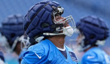 Tennessee Titans wide receiver Treylon Burks (16) looks up during Back Together Weekend at the team's NFL football training camp.