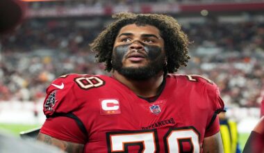 FILE - Tampa Bay Buccaneers offensive tackle Tristan Wirfs leaves the field at half time during an NFL football Wild Card playoff game against the Washington Commanders, Jan 12, 2025, in Tampa, Fla. (AP Photo/Peter Joneleit), File