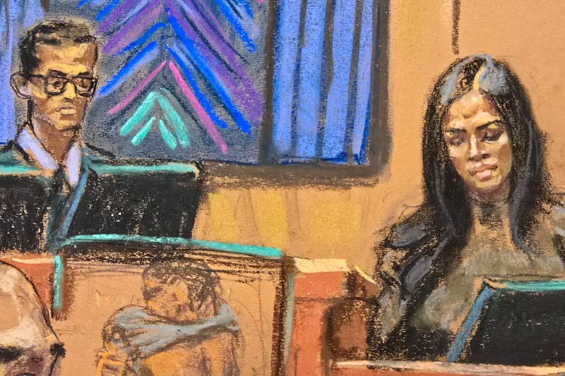 After being shown images from a Freak Off (not shown to the public), jurors are shown images of what Casandra "Cassie" Ventura described as bruises from Sean "Diddy" Combs, before U.S. District Judge Arun Subramanian at Combs' sex trafficking trial in New York City, New York, U.S., May 14, 2025 in this courtroom sketch.