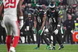 Dec 25, 2023; Philadelphia, Pennsylvania, USA; Philadelphia Eagles wide receiver DeVonta Smith (6) and wide receiver A.J. Brown (11) against the New York Giants at Lincoln Financial Field. Mandatory Credit: Eric Hartline-USA TODAY Sports