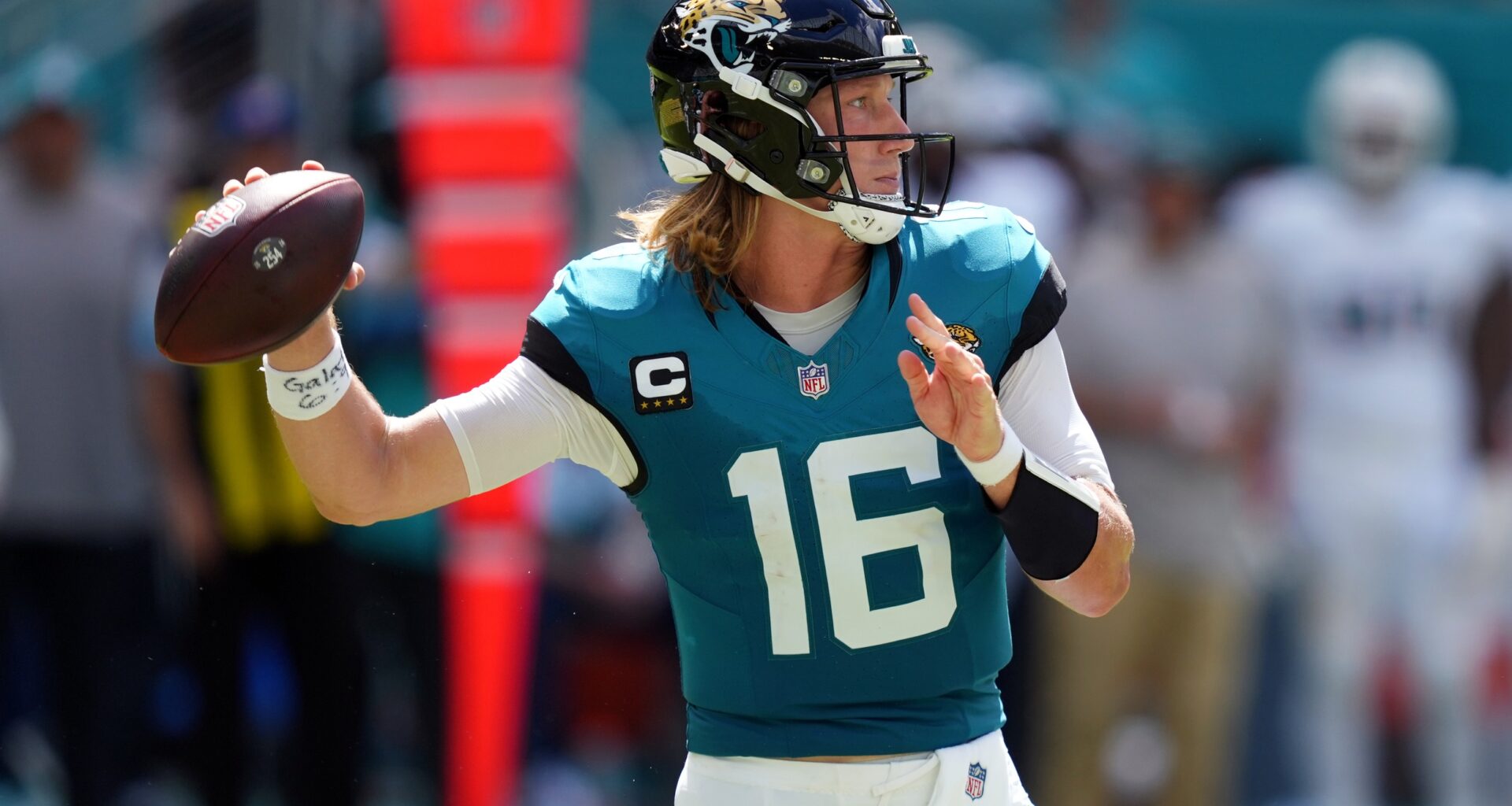 Jacksonville Jaguars quarterback Trevor Lawrence throws a pass against the Miami Dolphins in Week 1 of the 2024 NFL season. AFC South