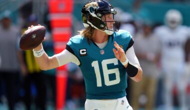 Jacksonville Jaguars quarterback Trevor Lawrence throws a pass against the Miami Dolphins in Week 1 of the 2024 NFL season. AFC South