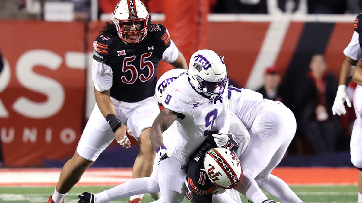 2026 NFL Draft prospect TCU Horned Frogs linebacker Marcel Brooks (9) and linebacker Terrence Cooks Jr. (12) sack Utah Giants quarterback Isaac Wilson (11) during the first quarter at Rice-Eccles Stadium.