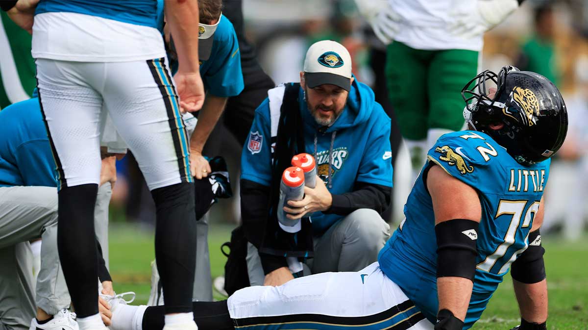 Jacksonville Jaguars offensive tackle Walker Little (72) is slow to get up after an apparent injury during the first quarter Sunday, Dec. 15, 2024 at EverBank Stadium in Jacksonville, Fla. 