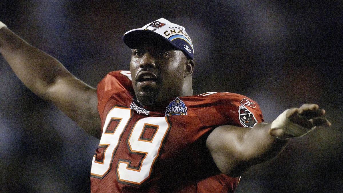 Tampa Bay Buccaneers defensive tackle Warren Sapp (99) celebrates after the victory against the Oakland Raiders in Super Bowl XXXVII at Qualcomm Stadium. The Bucs defeated the Raiders 48-21.