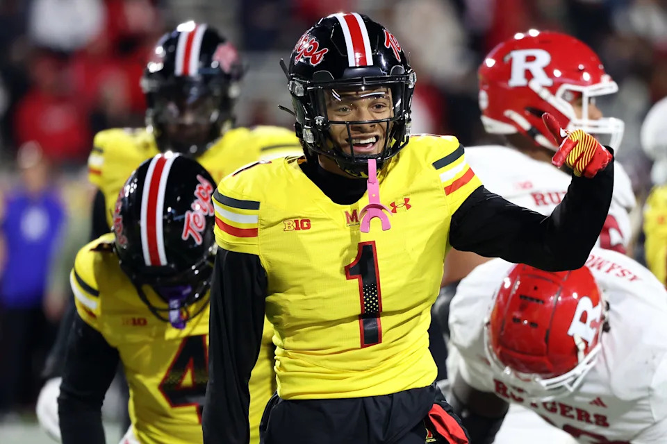 Nov 16, 2024; College Park, Maryland, USA; Maryland Terrapins defensive back Glendon Miller (1) celebrates during the second half against the Rutgers Scarlet Knights at SECU Stadium. Mandatory Credit: Daniel Kucin Jr.-Imagn Images