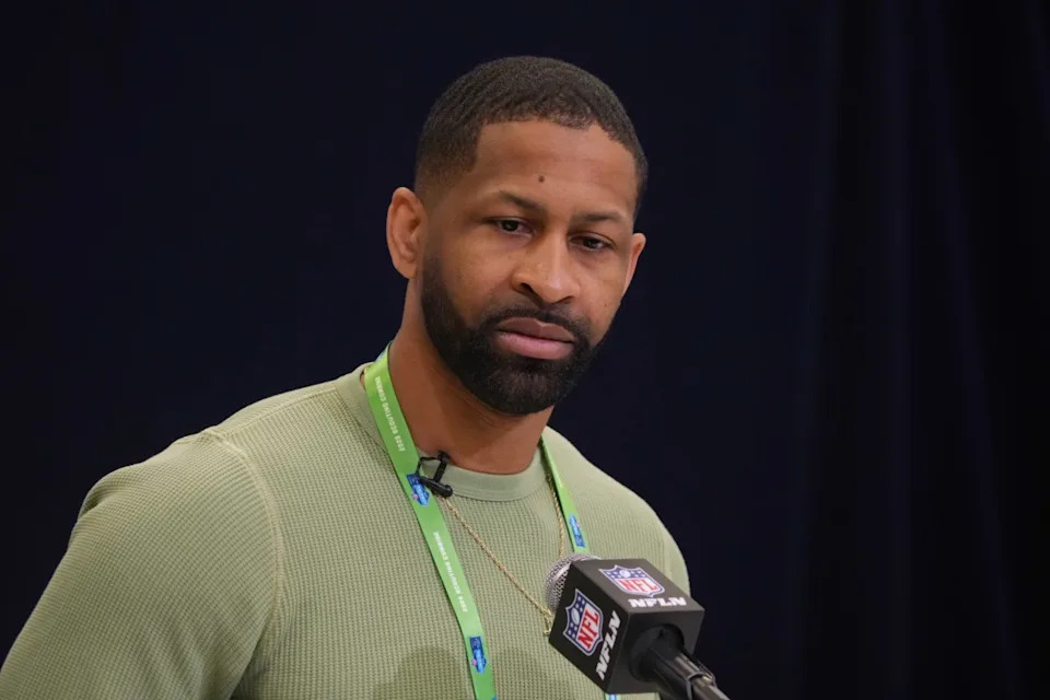 Feb 25, 2025; Indianapolis, IN, USA; Cleveland Browns general manager Andrew Berry speaks during the NFL Scouting Combine at the Indiana Convention Center. Mandatory Credit: Kirby Lee-Imagn Images Kirby Lee-Imagn Images